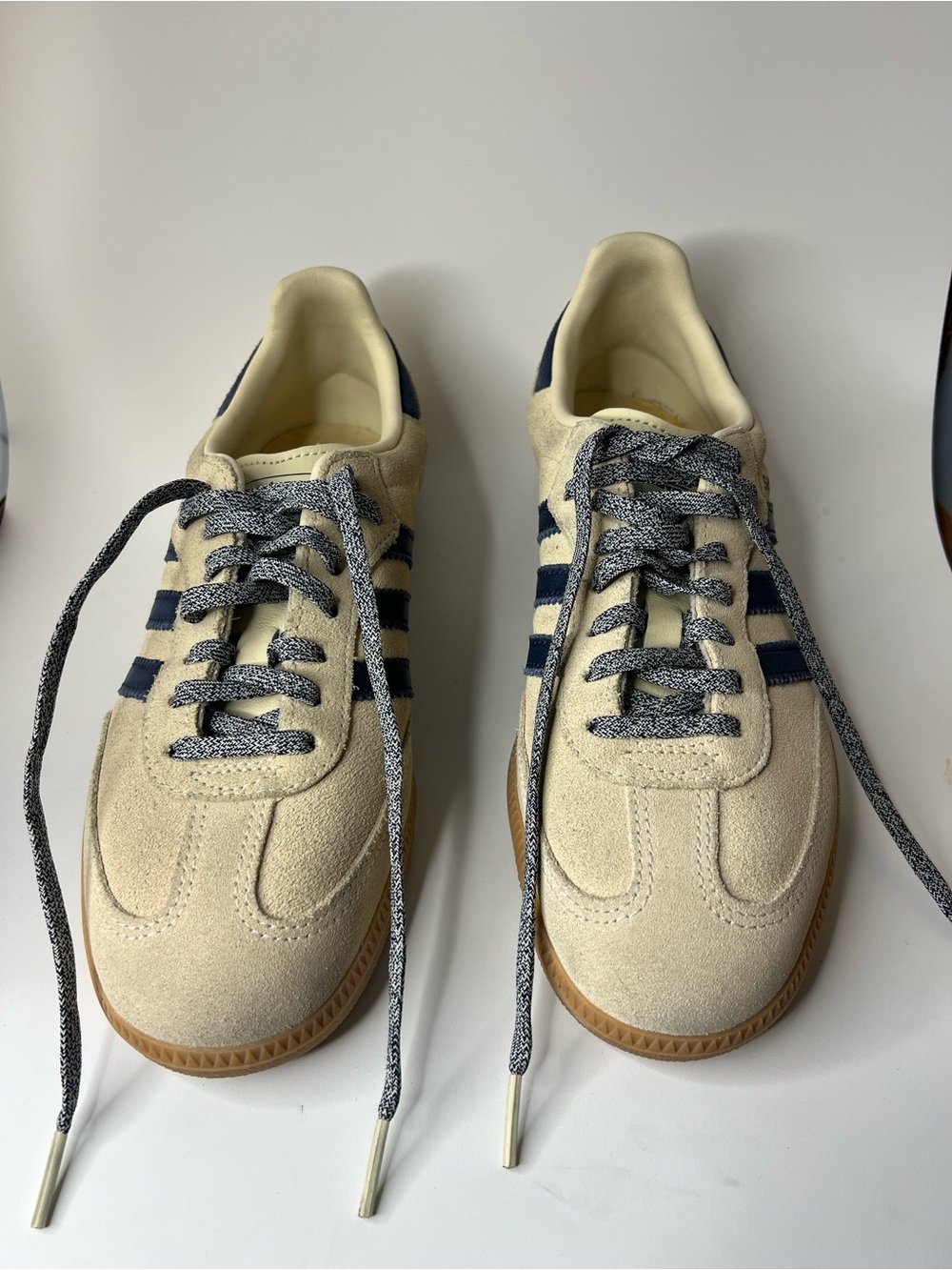 adidas Cream Suede Sneakers with Navy Stripes